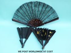 Three 19th/ 20thC fans, one faux tortoiseshell with fine lace and the other two ebony,