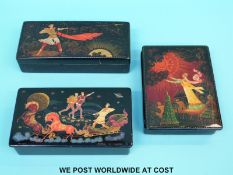 Three signed Russian lacquer boxes (largest W16cm)