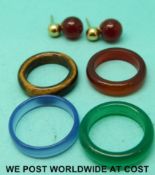 A pair of carnelian earrings and rings including, tigers eye, carnelian agate,
