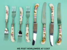 Eight ceramic handled and hallmarked silver ferruled knives and forks decorated with Watteau style