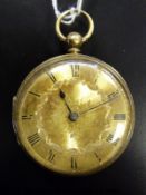 An 18ct gold pocket watch with engine turned and engraved self-coloured dial, black Roman numerals,
