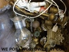 A collection of plated ware, brass candlesticks, desk tidy,