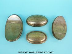 Four 19thC / 20thC brass gamekeeper's snuff boxes, Arthur Collier 1892 Corsham, Wilts; W Griffin,