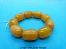 An amber bracelet of nine barrel shaped beads, all approx 2.6 x 2cm (56.