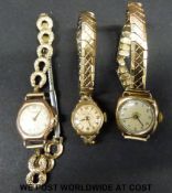 Three ladies 9ct gold wristwatches including Rotary and Record.