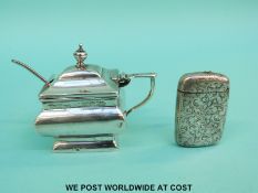 A hallmarked silver mustard with blue glass liner and plated spoon together with a Victorian