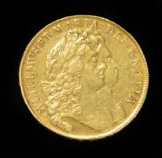 A 1692 William and Mary gold five guinea piece,