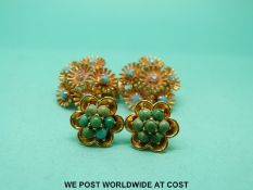 A pair of 9ct gold earrings set with turquoise and a further pair