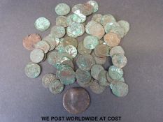 Approximately sixty eight uncleaned unresearched ancient hammered bronze coins,