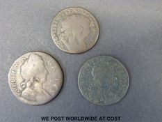 William and Mary Irish halfpenny 1692 together with a William II halfpenny and a Charles II Irish