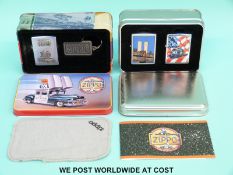 Two Zippo lighter sets comprising Twin Towers 911 commemerative set and Bradford PA Zippo car set,