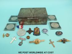 A hallmarked silver cigarette box (width 14cm), badges including RAF, nursing etc,