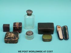 Two hallmarked silver topped items together with empty jewellery boxes,