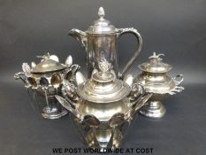 Three plated sucriers with spoons and a large coffee pot