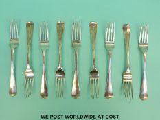 A set of nine Dutch white metal dinner forks, with Dutch silver marks circa 1926,