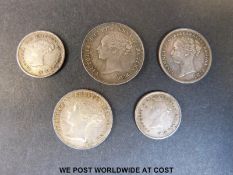 A collection of five Victorian maundy coins comprising 1886 fourpence, VF,