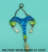 A pendant set with green and blue enamel with three drop pearls in the Arts & Crafts or Art Nouveau