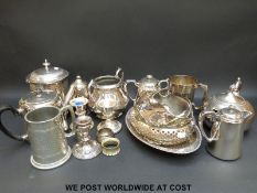 A quantity of silver plated items to include a large tray (width 57cm), candelabra,