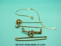 A 9ct gold bracelet, 9ct gold bar brooch, two stick pins etc (5.