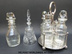 A Walker & Hall four bottle cruet together with a Regency glass decanter and a glass bell