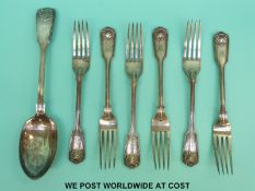 A set of six Victorian fiddle thread and shell pattern dessert forks (length 8cm) together with a