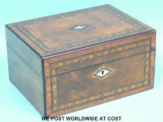 A Victorian burr walnut and Tunbridge ware inlaid work box with fitted interior (W28xD20xH14cm)