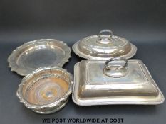 A quantity of silver plated entree dishes etc