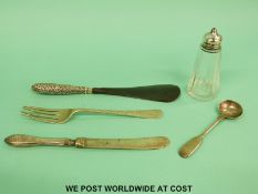 A hallmarked silver fork and spoon and a together with further silver mounted items