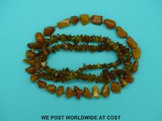 An irregular beaded amber necklace made up of butterscotch beads (42g) and a similar translucent