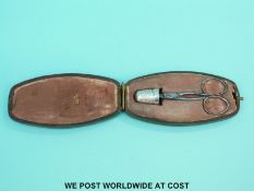 A shagreen cased scissor and thimble etui (sewing/needlework interest, length of case 11.