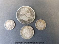 A Maundy 2d 1848, a William IV fourpence, Victorian penny-ha'penny and a George III shilling,