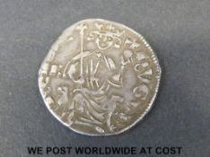 A silver hammered crusades coin Cyprus obverse; enthroned King holding orb and sceptre,