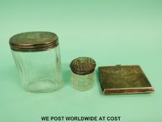 A hallmarked silver cigarette case (67g) and two silver mounted glass jars