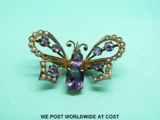 A gilt brooch/pin in the form of a butterfly set with amethysts and seed pearls