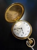 Herald Swiss keyless movement gentleman's pocket watch in half hunter English made 10ct gold plated