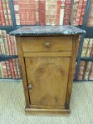 A 19thC marble topped mahogany or fruitwood pot cupboard with single drawer (H69 x W40 x D35cm)