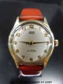 Smiths Everest 9ct gold gentleman's wristwatch with Arabic numerals and gold hands on a later red