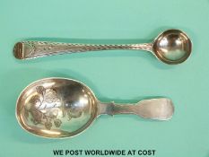 A Hester Bateman bright cut silver mustard spoon and a Georgian silver caddy spoon (21g)