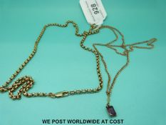 Two 9ct gold chains and a 9ct gold pendant set with an amethyst (17.