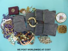 A box of costume jewellery to include 12 Stratton compacts, cloisonne, rings, etc.