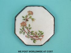 An Art Deco guilloche enamel hallmarked silver compact of octagonal shape,
