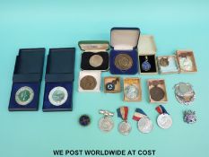 A quantity of medals and badges to include enamel, Hatcham School,