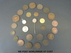 A collection of tokens etc to include Barbados 1788 penny, New Brunswick half penny, Isle of Man,