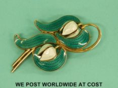 A Norwegian silver and enamel brooch in the form of lily of the valley,