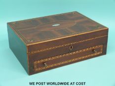 A Georgian mahogany and inlaid travelling box with white metal oval plaque to lid (W32 x D24 x H11.