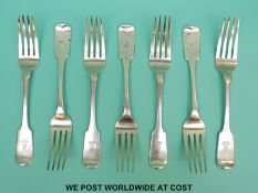 A set of seven Irish hallmarked silver fiddle pattern table forks, length 21cm,