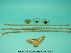 Three 9ct gold bracelets, three 9ct gold rings and a 9ct gold pendant in the form of an eagle (19.