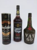 A boxed half bottle of Glenfiddich malt whisky, Captain Morgan rum, 1 litre,