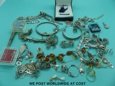 A quantity of silver and other jewellery, 9ct gold ribbon necklace, costume jewellery,