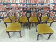 Six Victorian mahogany balloon back chairs with serpentine shaped fronts,
